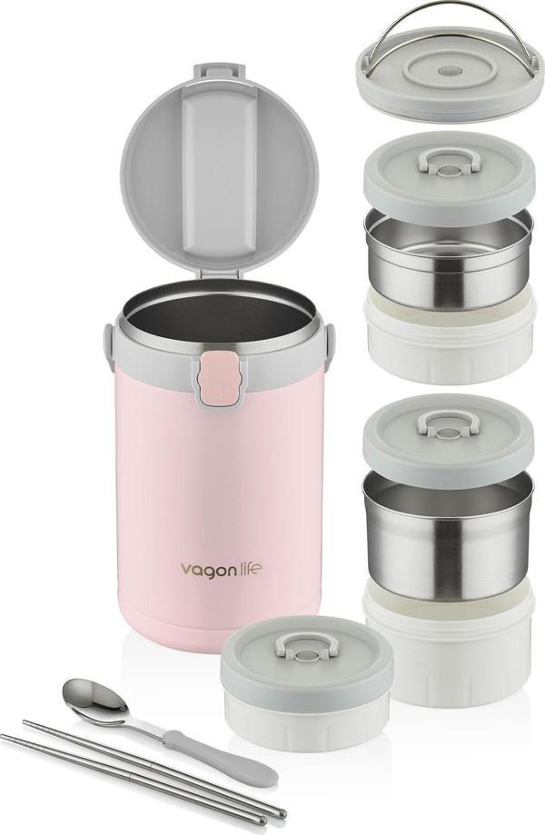 Vagonlife Çelik Yemek Termosu Isı Yalıtımlı 3 Kaseli 2.1LT Sızdırmaz Vakumlu Kap Taşıma Kulplu -FF10089 - Image 1