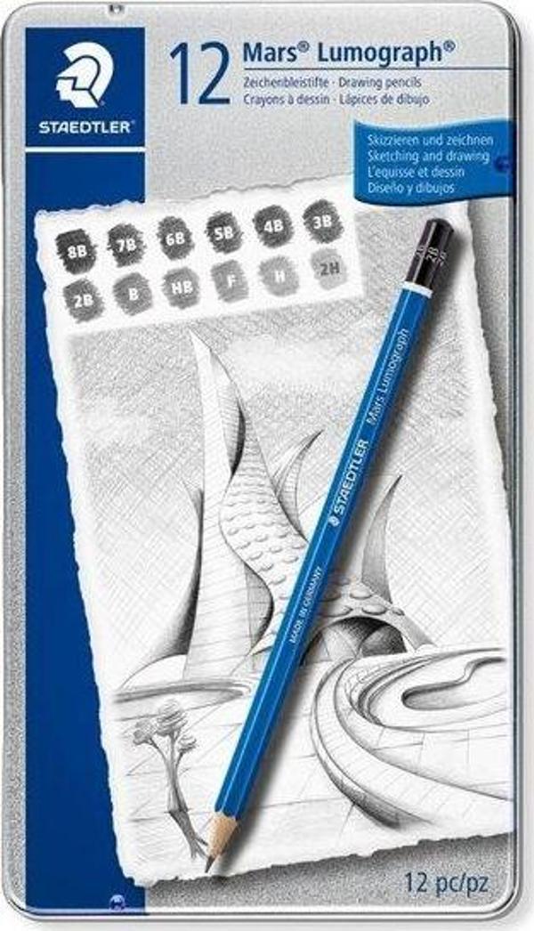 Staedtler Mars Lumograph 100 Dereceli Eskiz Kalem Seti 12li Metal Kutu - Image 1