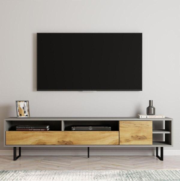İnarch Dizayn Luga Kapaklı Tv Ünitesi, Tv Sehpası - Metal Siyah Ayak - Gri/Kilim - Image 1