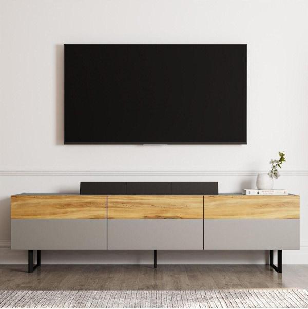 İnarch Dizayn Sign Kapaklı Tv Ünitesi, Tv Sehpası - Metal Ayak - Gri/Kilim - Image 1