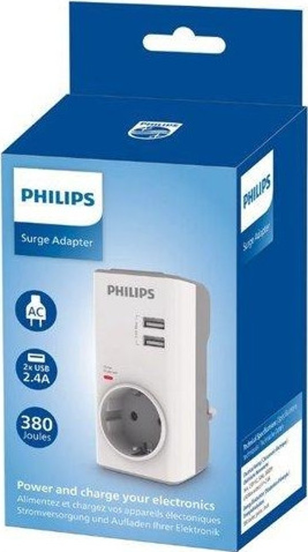 Philips Adapter CHP4010W/10 – stekkeradapter, geïntegreerde USB-oplader, 2 USB-poorten 2,4 A max. 1 stopcontact, LED-display, overspanningsbeveiliging, wit Philips Adapter CHP4010W/10 – stekkeradapter, geïntegreerde USB-oplader, 2 USB-poorten 2,4 A max. 1 stopcontact, LED-display, overspanningsbeveiliging, wit