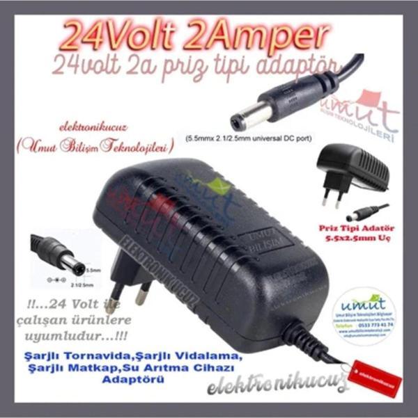 24V 2A Adaptör 5.5x2.5mm Jaklı Şarjlı Matkap,tornavida,su Arıtma Cihazı Şarj Adaptörü Priz Tipi - Image 1