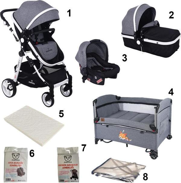 Mamma Pasifik 8 in 1 Bebek Paketi ( Travel Sistem Bebek Arabası + Anne Yanı Beşik + Sünger Yatak ) - Image 1