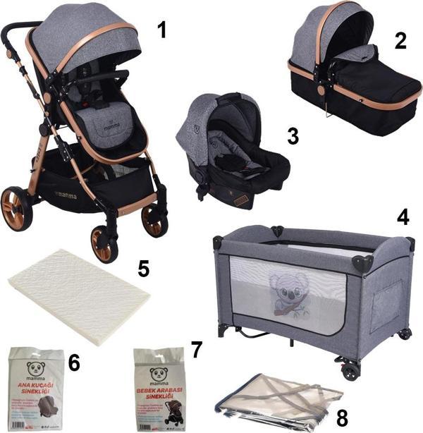Mamma Evren 8 in 1 Bebek Paketi ( Travel Sistem Bebek Arabası + Park Yatak Beşik + Sünger Yatak - Image 1