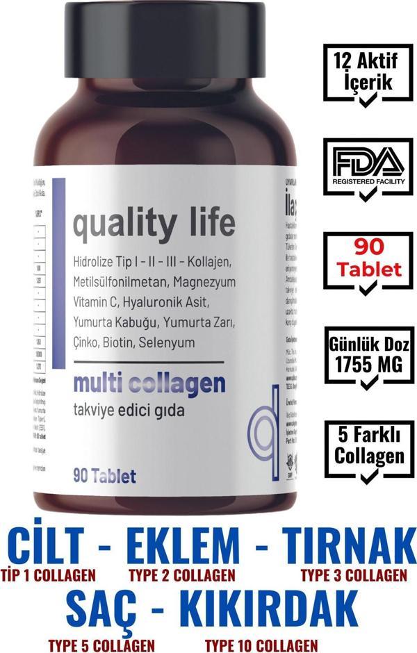 Quality Life Multi Collagen 90 Tablet - Tip 1-2-3-5-10 Kolajen MSM Magnezyum C Vitamini Yumurta Kabuğu Zarı Çinko - Image 1