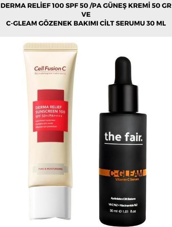 Cell Fusion C Derma Relief 100 Spf 50 /pa Güneş Kremi 50 gr ve the fair. C-gleam Gözenek Bakımı Cilt Serumu 30 ml  - Image 1