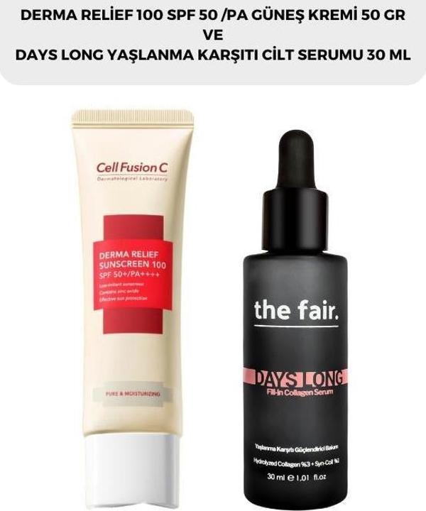 Cell Fusion C Derma Relief 100 Spf 50 /pa Güneş Kremi 50 gr ve the fair. Yaşlanma Karşıtı Cilt Serumu 30 ml - Image 1