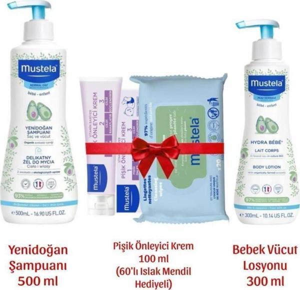 Mustela Yenidoğan Şampuan 500 ml + Pişik kremi + Islak Mendil 60 Yaprak + Bebe Body Lotion 300 ml - Image 1