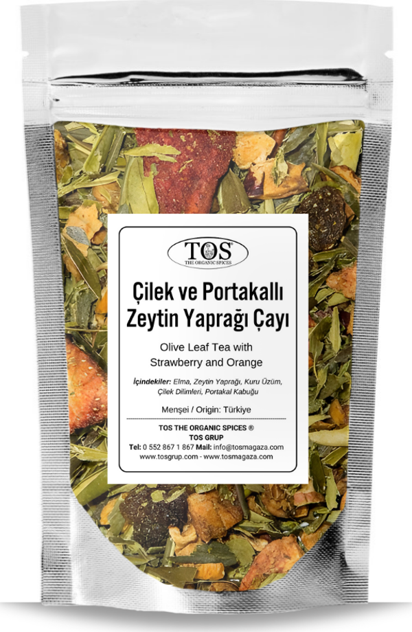 Çilek ve Portakallı Zeytin Yaprağı Çayı 100 gr (1. Kalite) Strawberry and Orange Olive Leaf Tea - Image 1