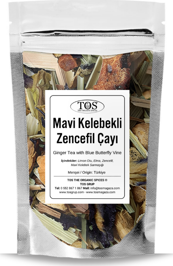 Mavi Kelebek Sarmaşıklı Zencefil Çayı 100 gr (1. Kalite) Blue Butterfly Pea Flower Ginger Tea - Image 1