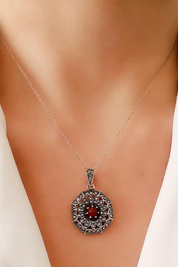 Akik taşlı markazit taş detaylı gümüş kolye 3cm - Image 1