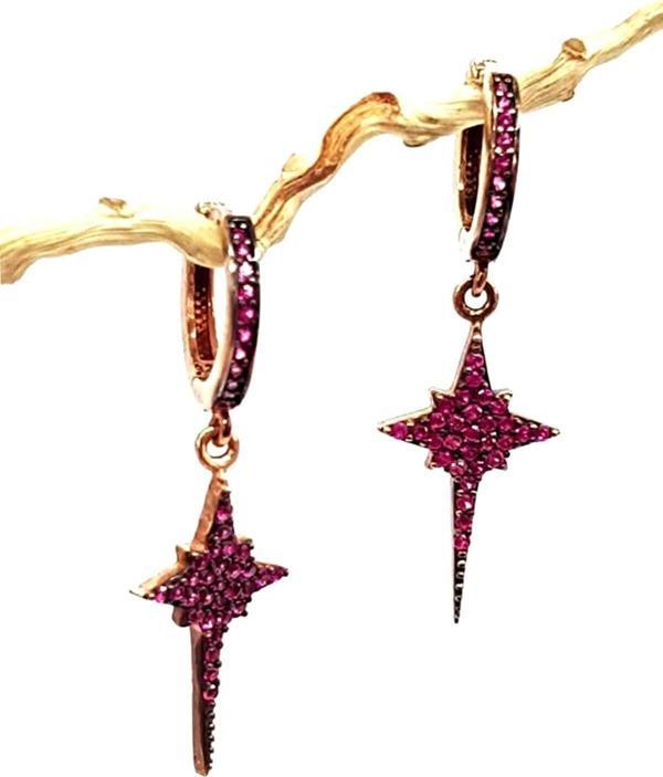 Kutup yıldızı figürlü pembe zirkon taşlı gümüş üzerine rose altın kaplamalı küpe - Image 1