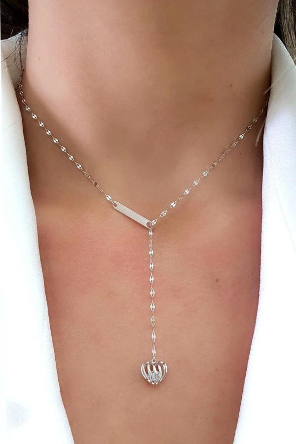 İtalyan 925ayar Gümüş Kalp içinde swarovski taşlı Ayarlanabilir Y Kolye - Image 1