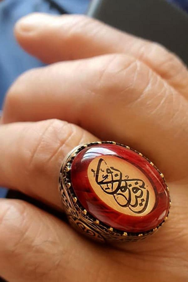 Ol der ve olur Arapça yazılı kehribar gümüş erkek koleksiyon yüzük - Image 1