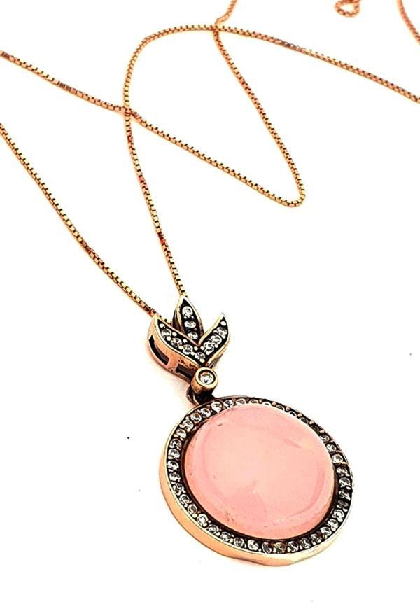 Pembe kuvars taşlı gümüş rose kolye - Image 1