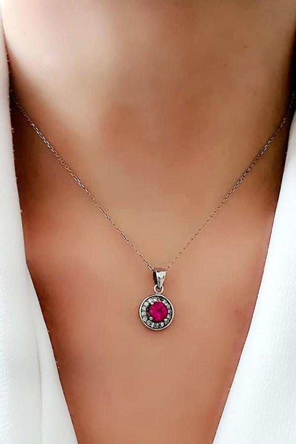pembe zirkon taşlı gümüş kolye  - Image 1