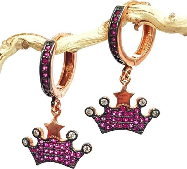 Pembe zirkon taşlı taç gümüş küpe - Image 1