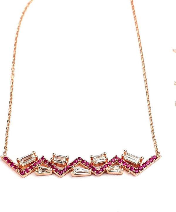 Pembe Zirkon ve Baget Taşlı 925 ayar Gümüş Rose Kolye - Image 1