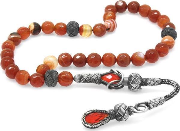 1000 Ayar Gümüş Kazaz Püsküllü Fasetalı Küre Kesim Kırmızı Akik Doğaltaş Tesbih - Image 1