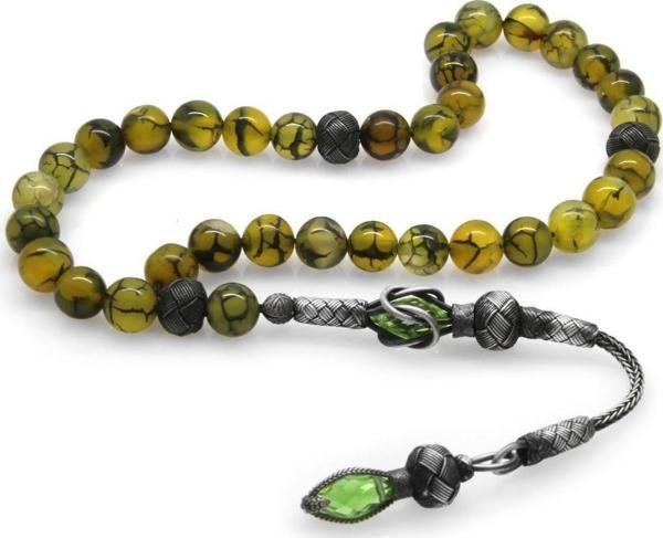 1000 Ayar Gümüş Kazaz Püsküllü Küre Kesim Damarlı Akik Doğaltaş Tesbih - Image 1