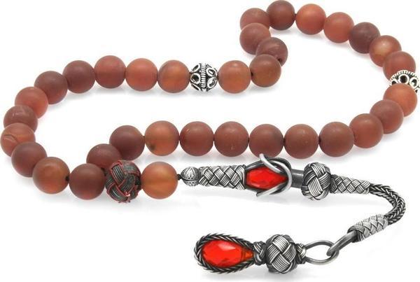 1000 Ayar Gümüş Kazaz Püsküllü Küre Kesim Kırmızı Mat Akik Doğaltaş Tesbih - Image 1