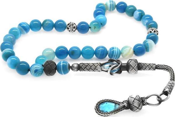 1000 Ayar Gümüş Kazaz Püsküllü Küre Kesim Mavi-Beyaz Akik Doğaltaş Tesbih - Image 1