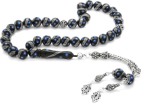 925 Ayar Gümüş Çift Püsküllü Gümüş-Firuze İşlemeli Erzurum Oltu Taşı Tesbih - Image 1