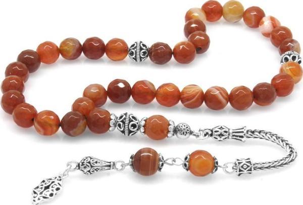 925 Ayar Gümüş Püsküllü Fasetalı Küre Kesim Kırmızı Akik Doğaltaş Tesbih - Image 1