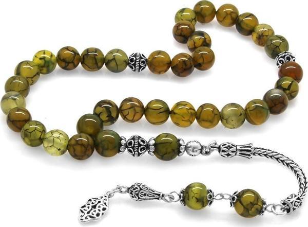 925 Ayar Gümüş Püsküllü Küre Kesim Damarlı Yosun Yeşili Akik Doğaltaş Tesbih - Image 1