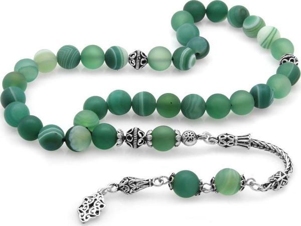 925 Ayar Gümüş Püsküllü Küre Kesim Mat Yeşil-Beyaz Akik Doğaltaş Tesbih - Image 1