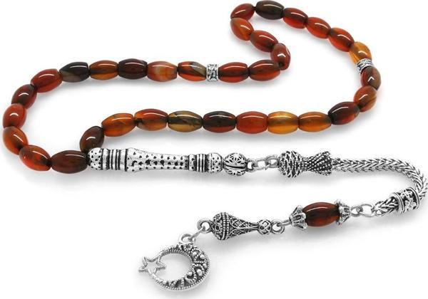 Kararmaz Metal Ayyıldız Püsküllü Arpa Kesim Kırmızı Akik Tesbih - Image 1