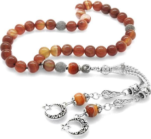 Kararmaz Metal Ayyıldız Püsküllü Küre Kesim Kırmızı-Beyaz Akik Doğaltaş Tesbih - Image 1