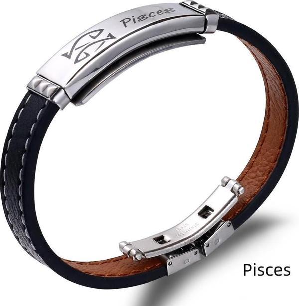 Deri Çelik Kombinli Kişiye Özel İsim Harf Yazılı Balık Burcu Erkek Bileklik - Image 1