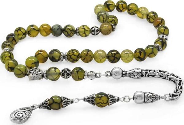 Koleksiyonluk 925 Ayar Gümüş Püsküllü Küre Kesim Damarlı Akik Doğaltaş Tesbih - Image 1