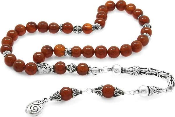 Koleksiyonluk 925 Ayar Gümüş Püsküllü Küre Kesim Kırmızı Akik Doğaltaş Tesbih - Image 1