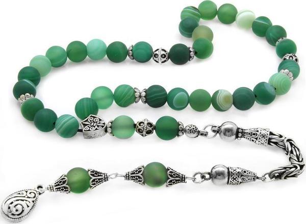 Koleksiyonluk 925 Ayar Gümüş Püsküllü Küre Kesim Mat Yeşil-Beyaz Akik Doğaltaş Tesbih - Image 1