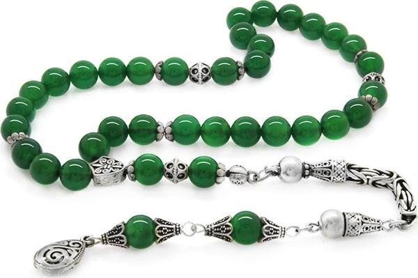 Koleksiyonluk 925 Ayar Gümüş Püsküllü Küre Kesim Yeşil Akik Doğaltaş Tesbih - Image 1