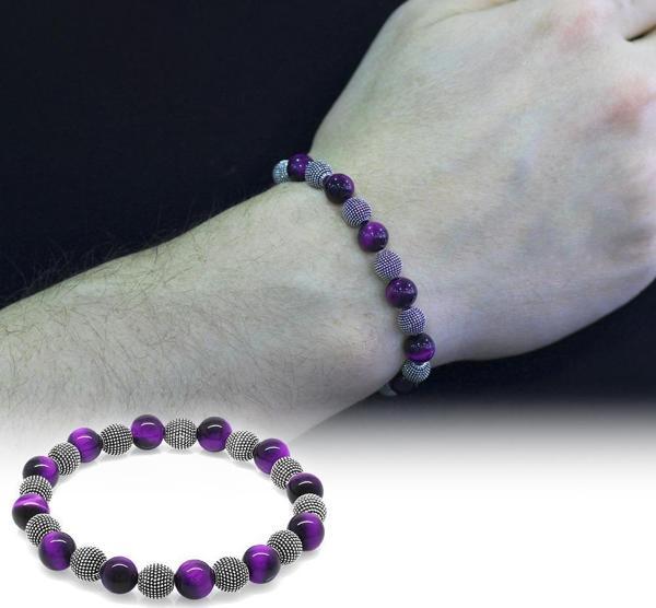 Mor Kaplangözü Metal Kombinli Küre Kesim Doğaltaş Bileklik - Image 1