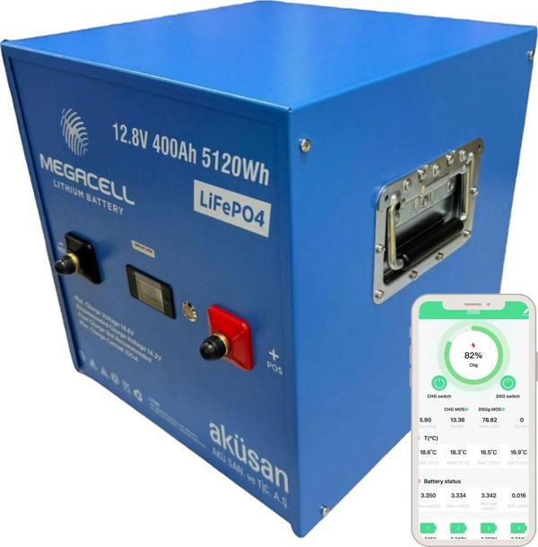 MEGACELL-LiFePO4 Metal Kasa Bluetooth 12,8V 400Ah Lityum Demir Fosfat Akü - Image 1
