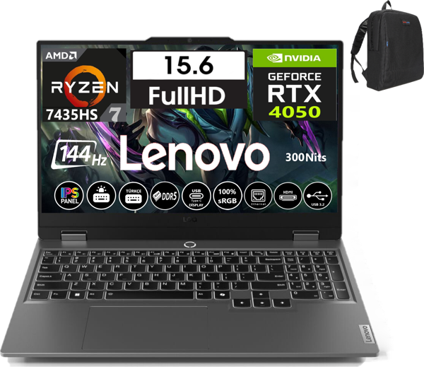 Lenovo Loq 15ARP9 Amd Ryzen 7-7435HS 24GB Ddr5 2tb SSD 6GB/RTX4050 WINDOWS11PRO 15.6" 144Hz Fhd IPS Taşınabilir Bilgisayar W83JC006ATR43 + Weblegelsin Çanta - Image 1