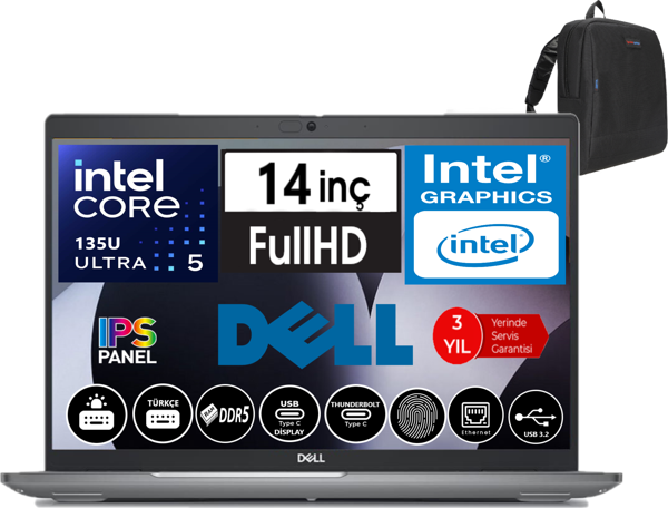 Dell Latitude 5450 Intel Ultra 5 135U 16GB Ddr5 256GB SSD 14" Fhd IPS Freedos Taşınabilir Bilgisayar N009L545014W01 + Zetta Çanta - Image 1