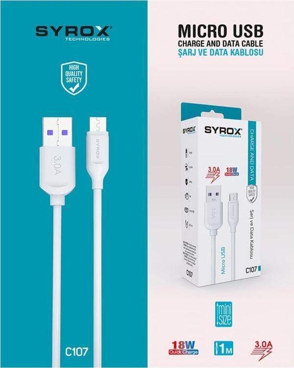C107 Micro Usb  Şarj Ve Data Kablosu 1Mt 3.0A 18W Beyaz - Image 1