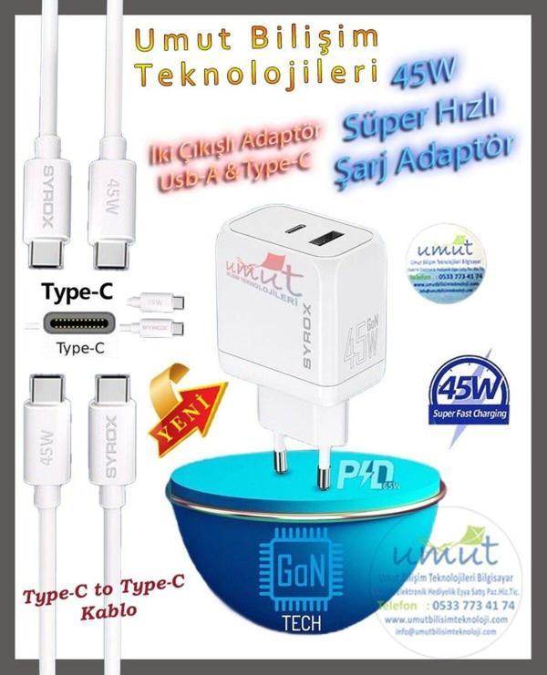 GaN45 PD 45W Type-c Şarj Aleti, 1 Metre Type-c Kablo Quick Charge - 45W Super  Şarj - Image 1