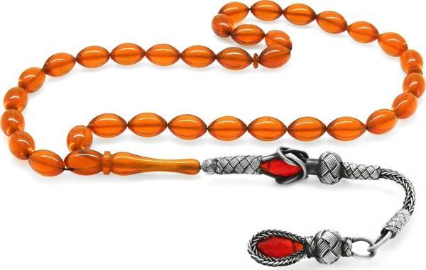 1000 Ayar Gümüş Kazaz Püsküllü Arpa Kesim Amber Kırmızı Ateş Kehribar Tesbih - Image 1