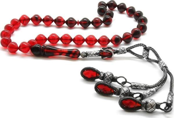 1000 Ayar Gümüş Kazaz Püsküllü İstanbul Kesim Süzme Kırmızı-Siyah Ateş Kehribar Tesbih - Image 1