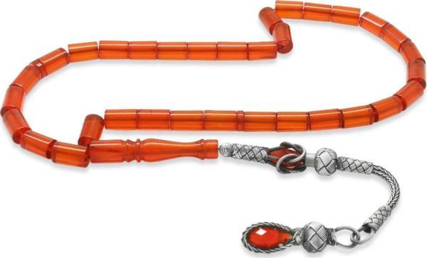 1000 Ayar Gümüş Kazaz Püsküllü Kesme Kesim Kırmızı Ateş Kehribar Tesbih - Image 1