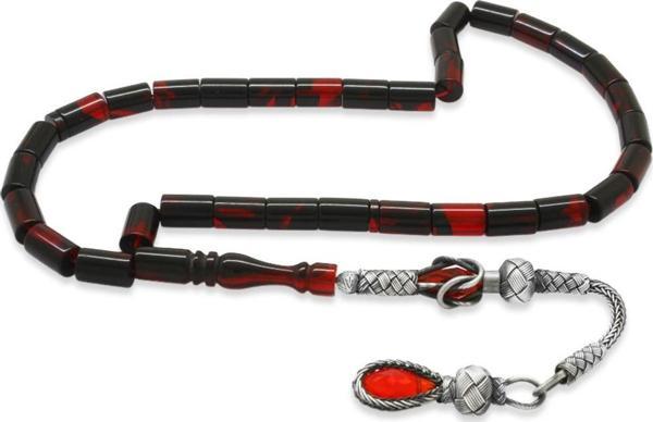 1000 Ayar Gümüş Kazaz Püsküllü Kesme Kesim Kırmızı-Siyah Ateş Kehribar Tesbih - Image 1