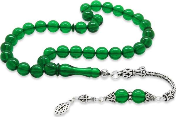 925 Ayar Gümüş Anadolu Deseni Püsküllü Küre Kesim Zümrüt Yeşil Ateş Kehribar Tesbih - Image 1