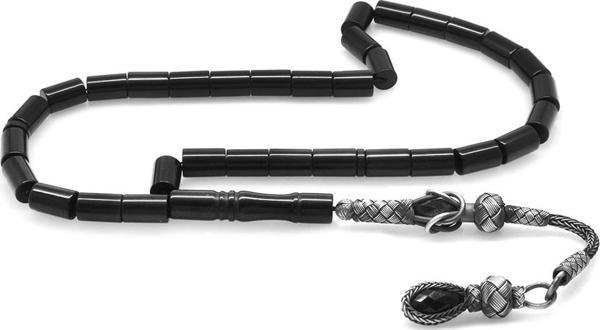 1000 Ayar Gümüş Kazaz Püsküllü Kesme Kesim Siyah Sıkma Kehribar Tesbih - Image 1