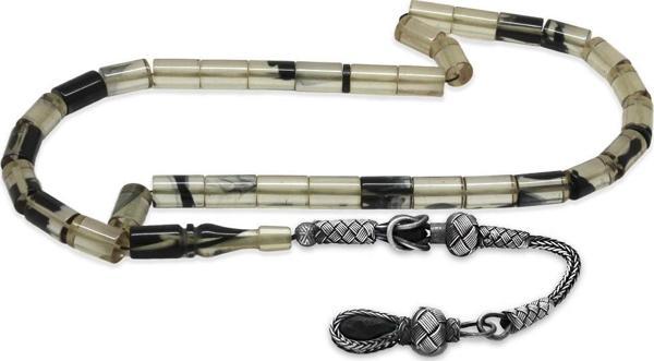 1000 Ayar Gümüş Kazaz Püsküllü Kesme Kesim Siyah-Beyaz Ateş Kehribar Tesbih - Image 1